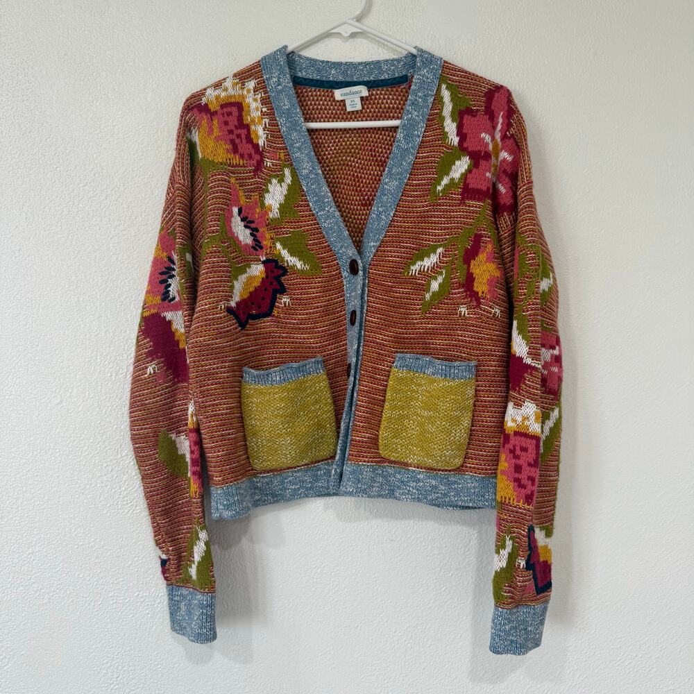 Sundance Multicolor Floral Knit Cardigan with Blue Trim